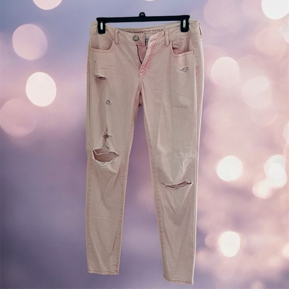 ▫️AMERICAN EAGLE: Women’s size 10, pink ripped super stretch jeggings preowned▫️ - Picture 1 of 16